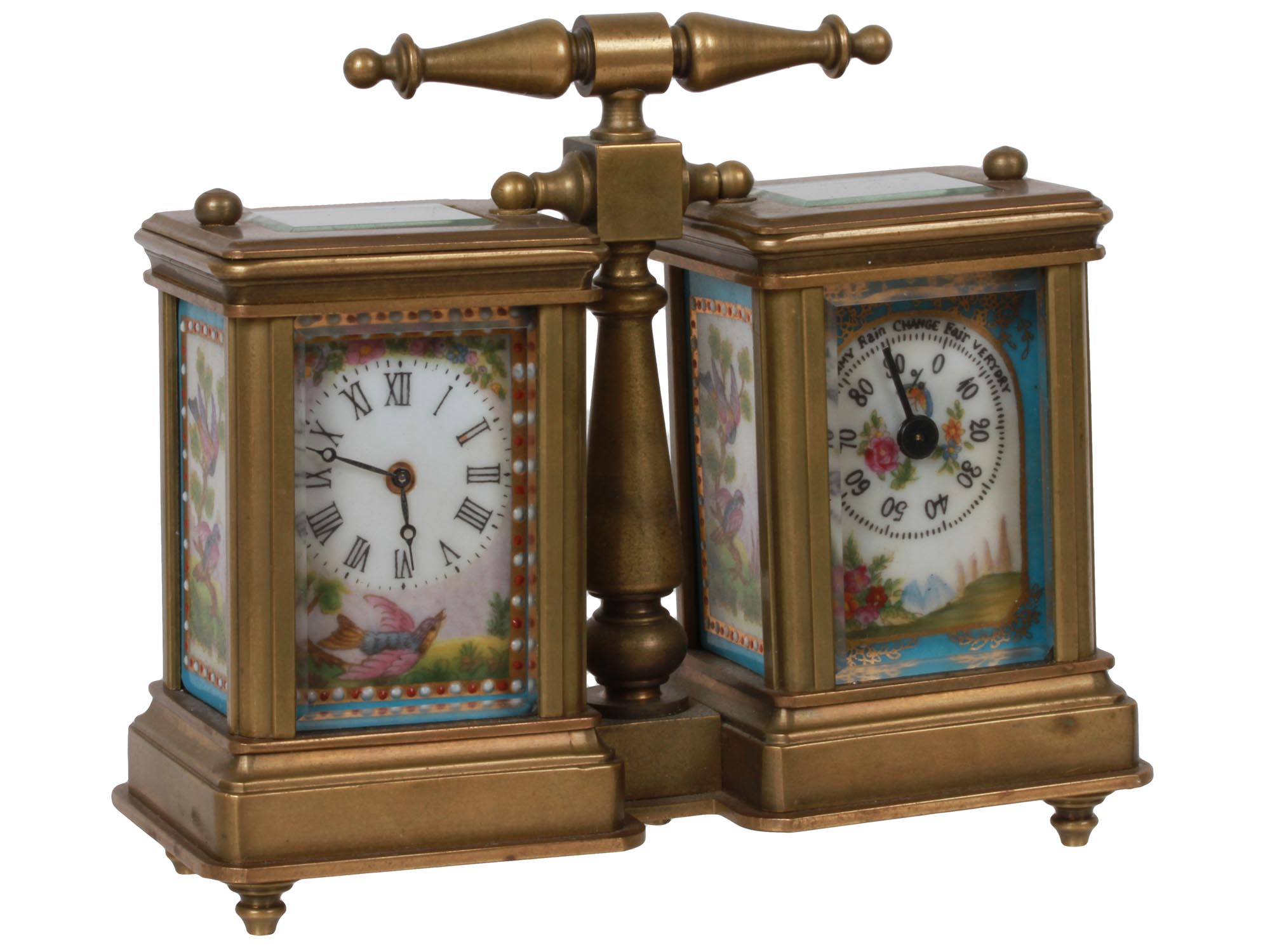 VIENNA BRASS PORCELAIN CARRIAGE BAROMETER CLOCK PIC-